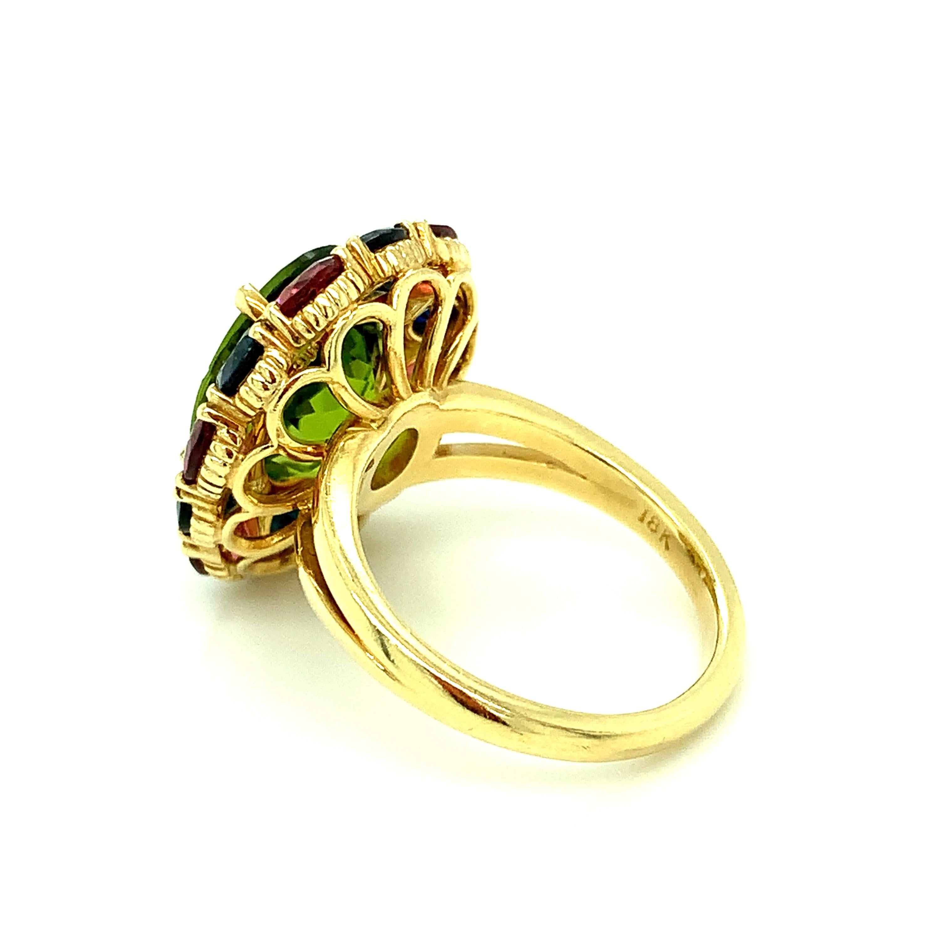 Artisan 6.70 Carat Peridot, Sapphire, and Rhodolite Garnet Yellow Gold Cocktail Ring For Sale