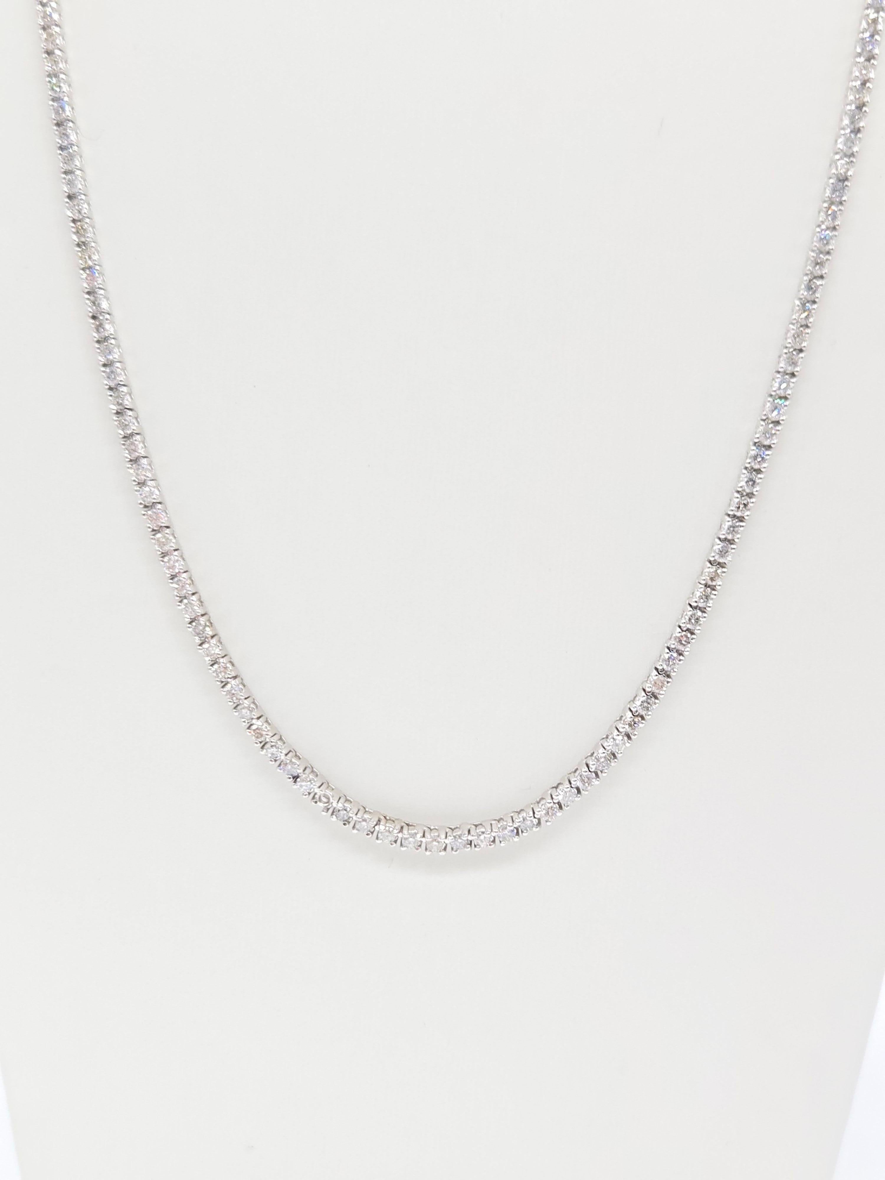 Round Cut 6.70 Carat Round Brilliant Cut Diamond Tennis Necklace 14 Karat White Gold 22''