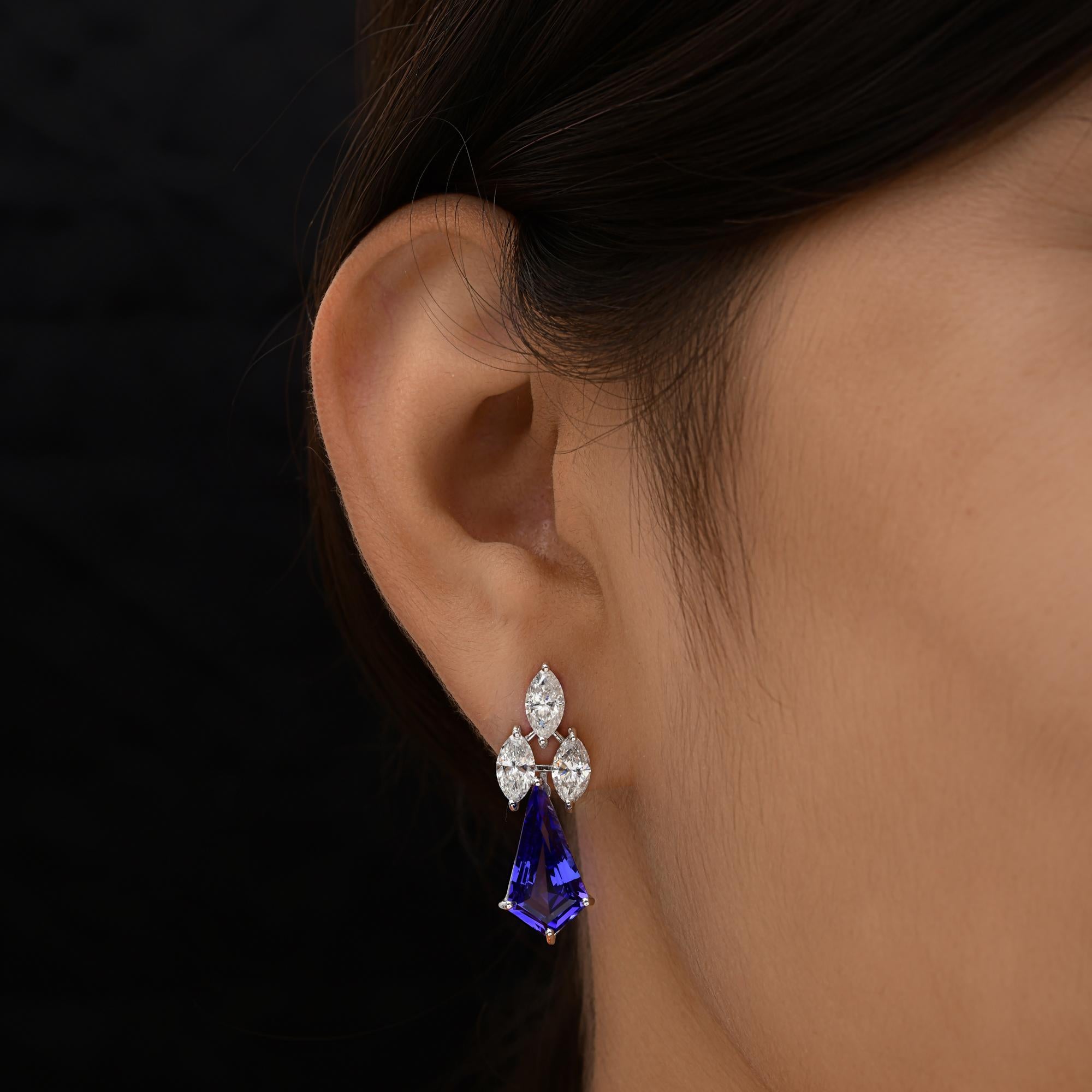 Mixed Cut 6.70 Carat Tanzanite Dangle Earrings 3.00 Carat SI/H Diamond 14 Karat White Gold For Sale