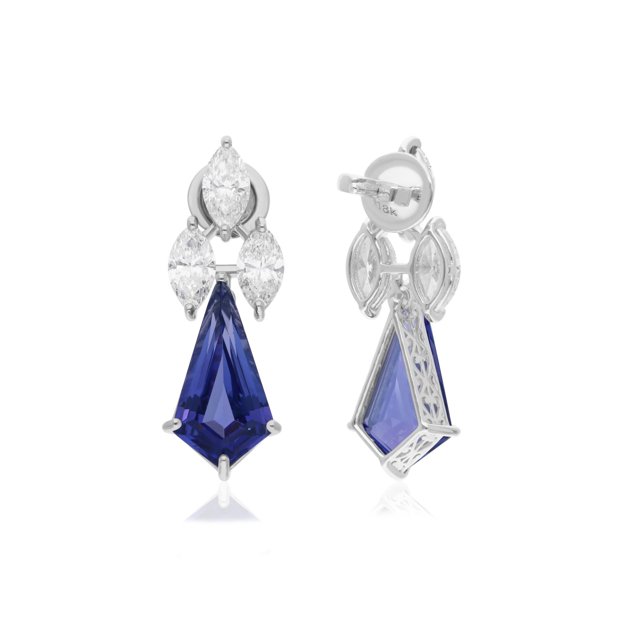 Modern 6.70 Carat Tanzanite Dangle Earrings 3.00 Carat SI/H Diamond 18 Karat White Gold For Sale