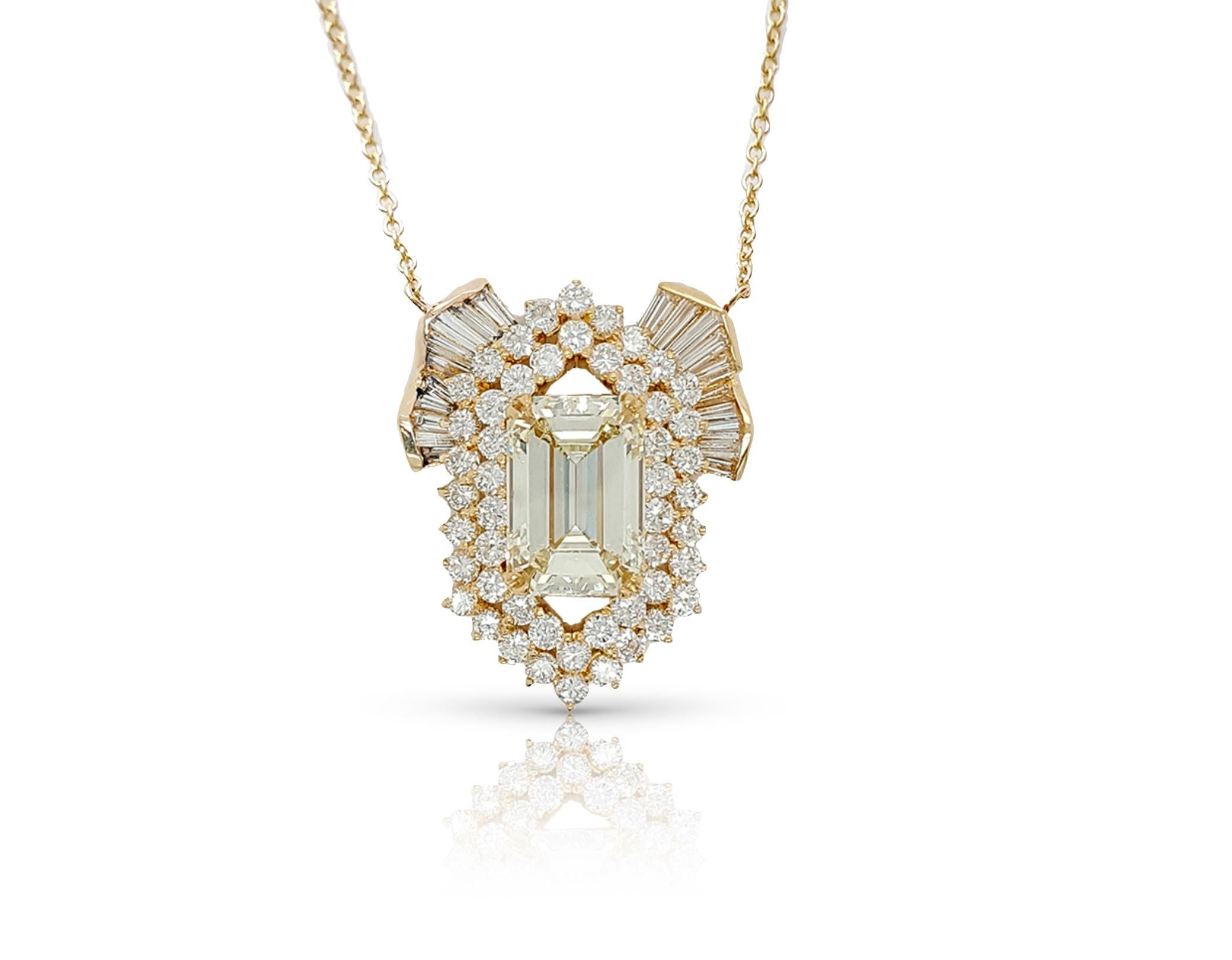 Women's or Men's 6.70 Carat U-V Range Emerald Cut Diamond Pendant Necklace 18K Gold GIA Cert. For Sale