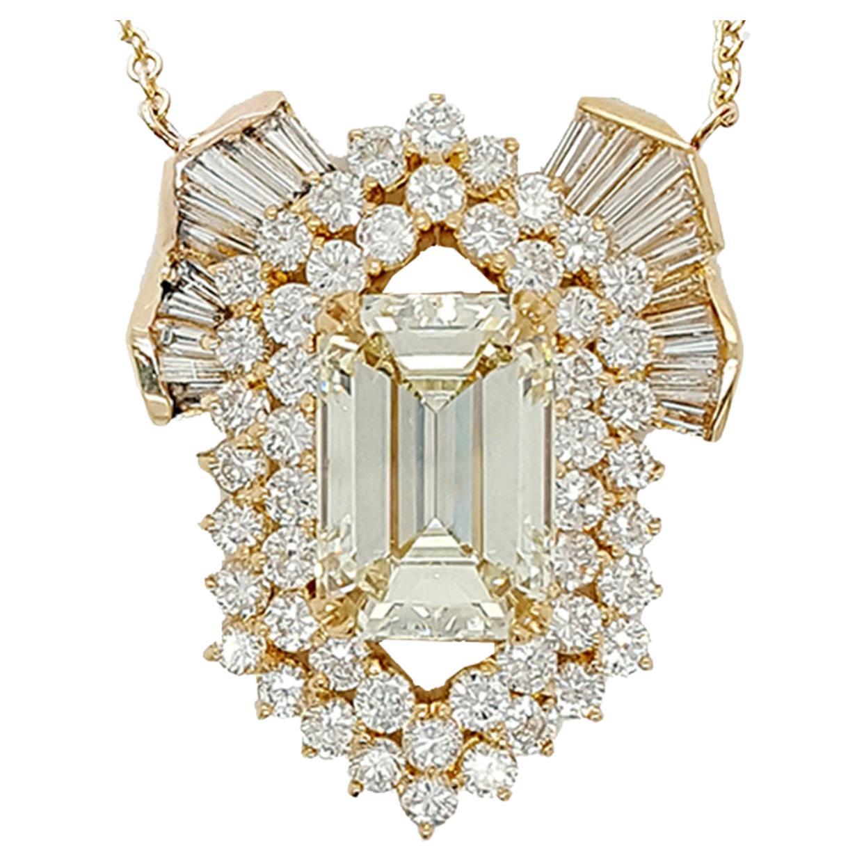 6.70 Carat U-V Range Emerald Cut Diamond Pendant Necklace 18K Gold GIA Cert. For Sale