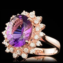6.70 Carats Natural Amethyst and Diamond 14K Solid Rose Gold Ring