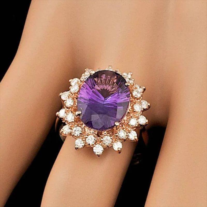 Mixed Cut 6.70 Carats Natural Amethyst and Diamond 14K Solid Rose Gold Ring For Sale