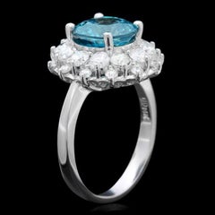 6.70 Carats Natural Blue Zircon and Diamond 14K Solid White Gold Ring
