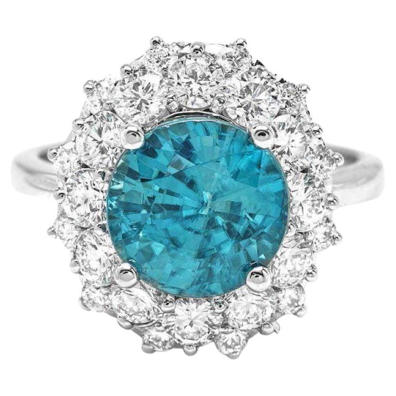 6.70 Carats Natural Blue Zircon and Diamond 14K Solid White Gold Ring For Sale