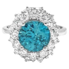 Antique 6.70 Carats Natural Blue Zircon and Diamond 14K Solid White Gold Ring