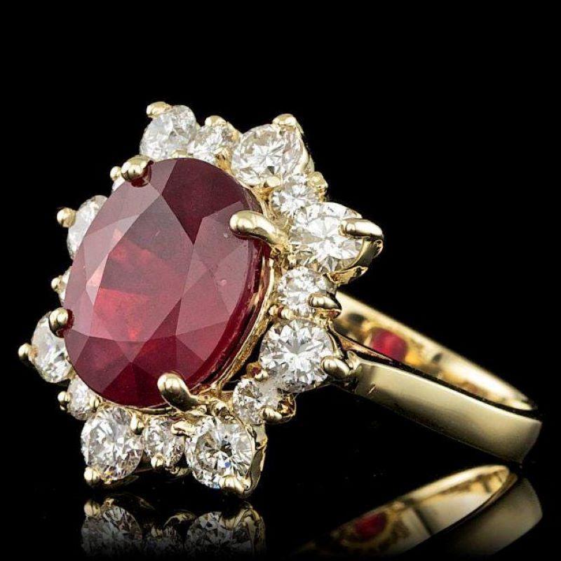 6.70 Carats Natural Red Ruby and Diamond 14K Solid Yellow Gold Ring

Total Red Ruby Weight is: Approx. 5.40 Carats

Ruby Measures: Approx. 11.00 x 9.00mm

Ruby treatment: Fracture Filling

Natural Round Diamonds Weight: Approx. 1.30 Carats (color