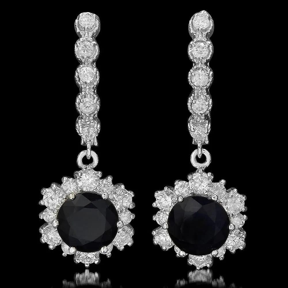 Mixed Cut 6.70 Carats Natural Sapphire and Diamond 14K Solid White Gold Earrings For Sale