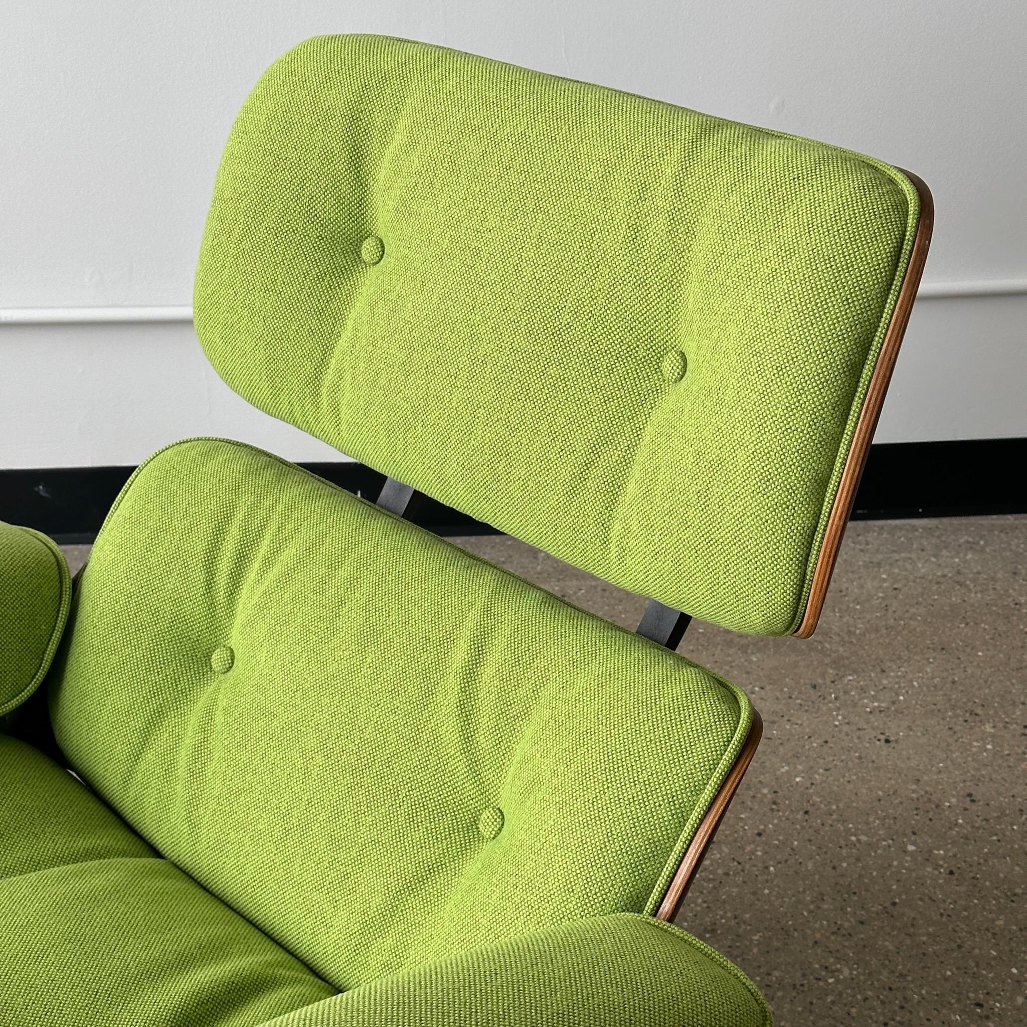 c. 1960s. Rosewood frame with reupholstered cushions. Fabric is sassafras hopsack from Maharam. Tagged.