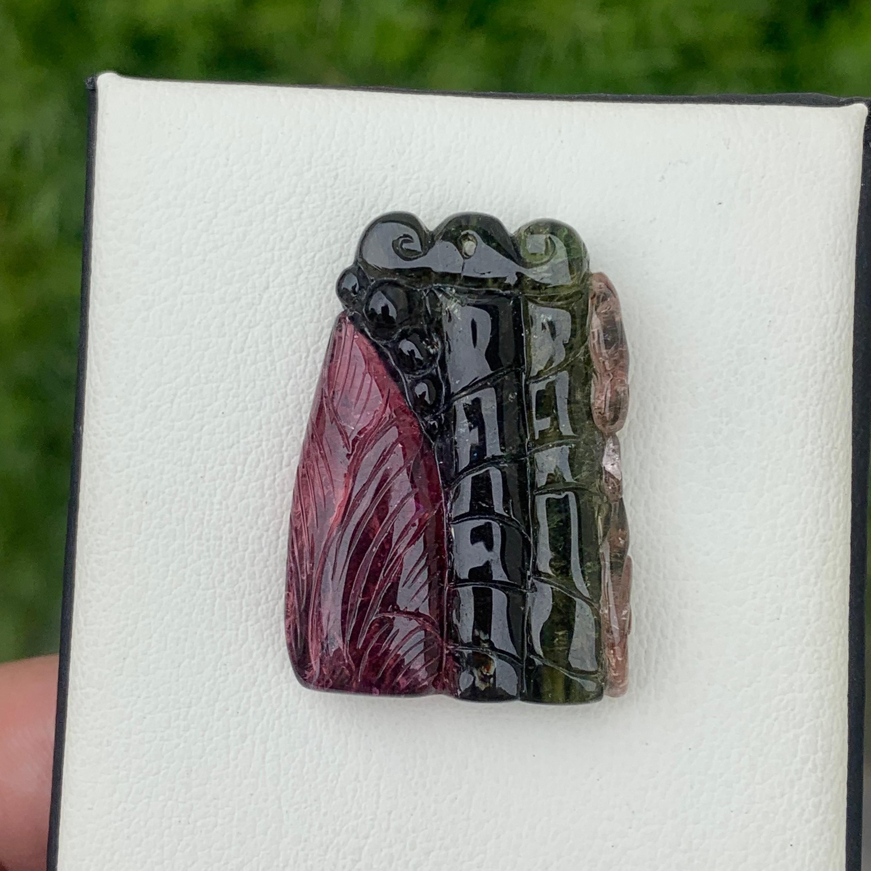 Carved 67.05 Carat Gorgeous Tri Color Tourmaline Drilled Carving from Africa For Sale