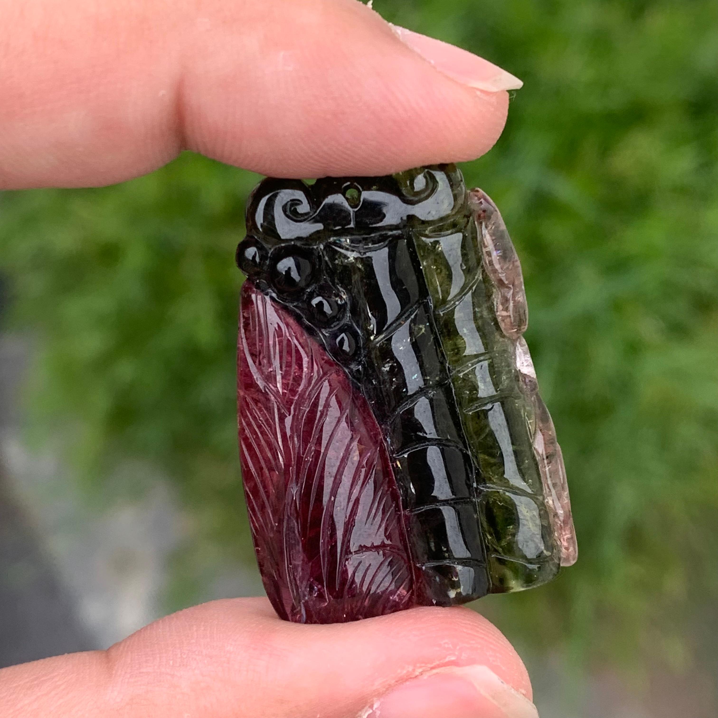 Crystal 67.05 Carat Gorgeous Tri Color Tourmaline Drilled Carving from Africa For Sale
