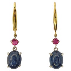 6.70ct Cabochon Chatoyant Sapphire 
Ruby Dangling Earrings in 18K Two-tone Gold