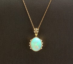 Halskette aus massivem Gelbgold mit 6,70 Karat natürlichem äthiopischen Opal und Diamant 14 Karat