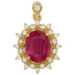 6.70 Carat Natural Red Ruby and Natural Diamond 14K Solid Yellow Gold Necklace