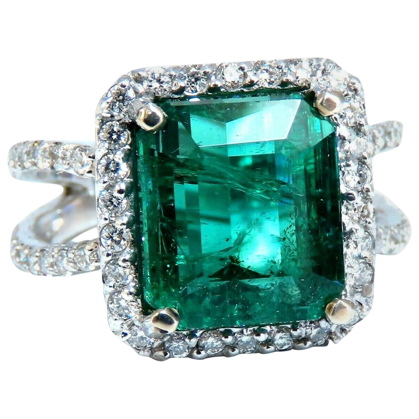6.70ct Natural Vivid Green Emerald Diamonds Ring 14kt Split Shank Dub Shoulder For Sale