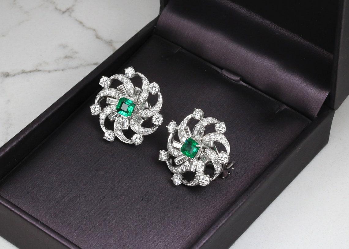 Modern 6.70tcw PLAT AAA+ Colombian Emerald-Emerald Cut & Diamond Omega Earrings For Sale
