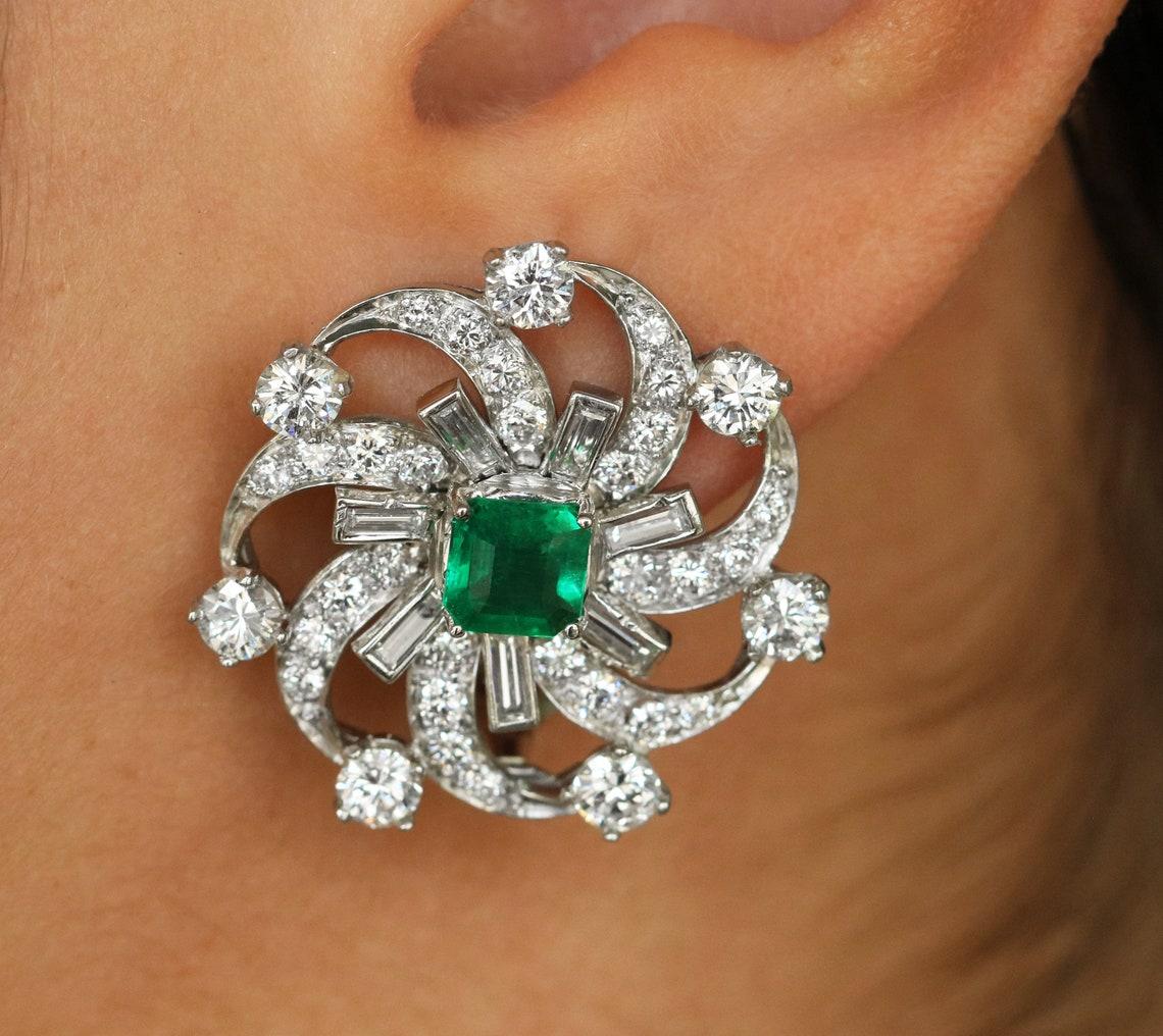 6.70tcw PLAT AAA+ Colombian Emerald-Emerald Cut & Diamond Omega Earrings In New Condition For Sale In Jupiter, FL