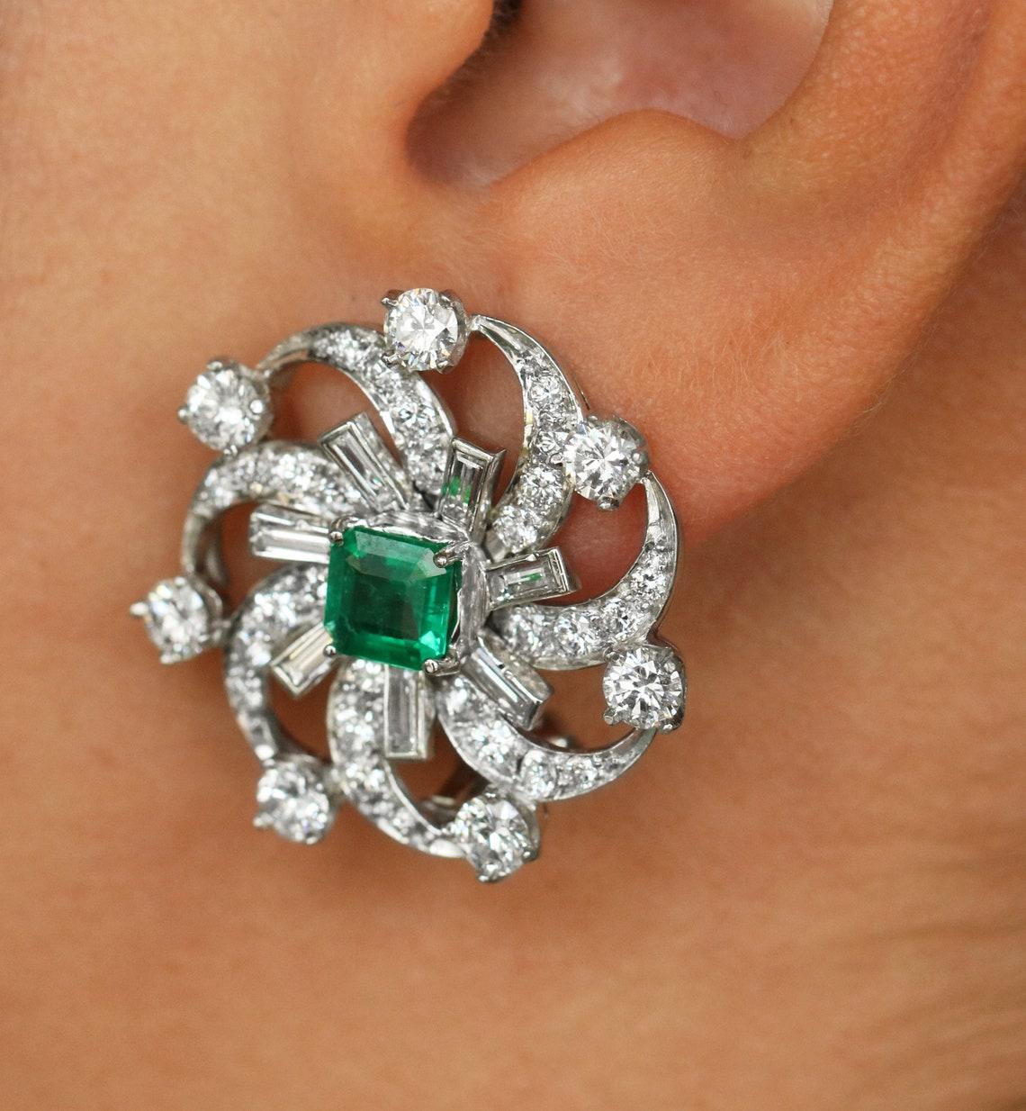 Women's 6.70tcw PLAT AAA+ Colombian Emerald-Emerald Cut & Diamond Omega Earrings For Sale