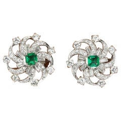 6.70tcw PLAT AAA+ Colombian Emerald-Emerald Cut & Diamond Omega Earrings