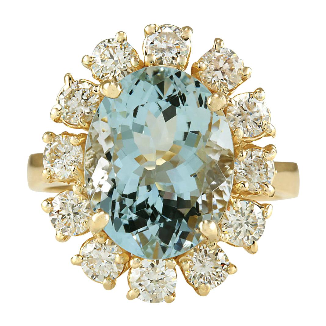 Natural Aquamarine Diamond Ring In 14 Karat Yellow Gold For Sale