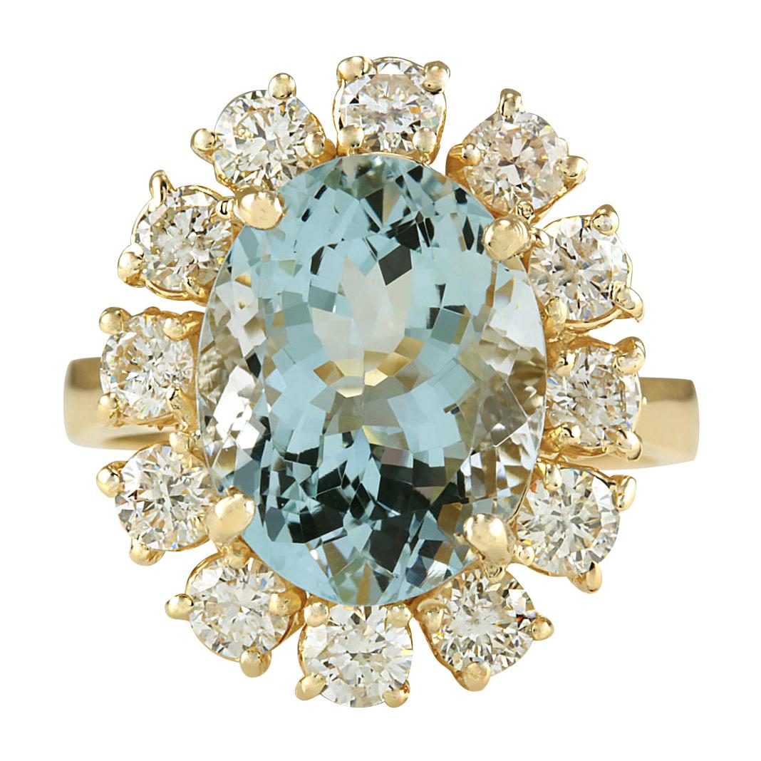 Aquamarine Diamond Ring In 14 Karat Yellow Gold  For Sale