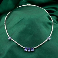 6.71 Carat Natural Tanzanite 3.09 Carats Diamond Station Necklace 18K White Gold