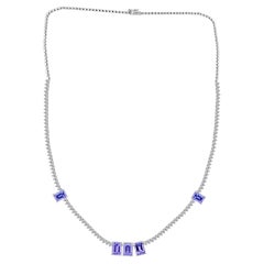 6.71 Carat Natural Tanzanite 3.09 Carats Diamond Station Necklace 18K White Gold