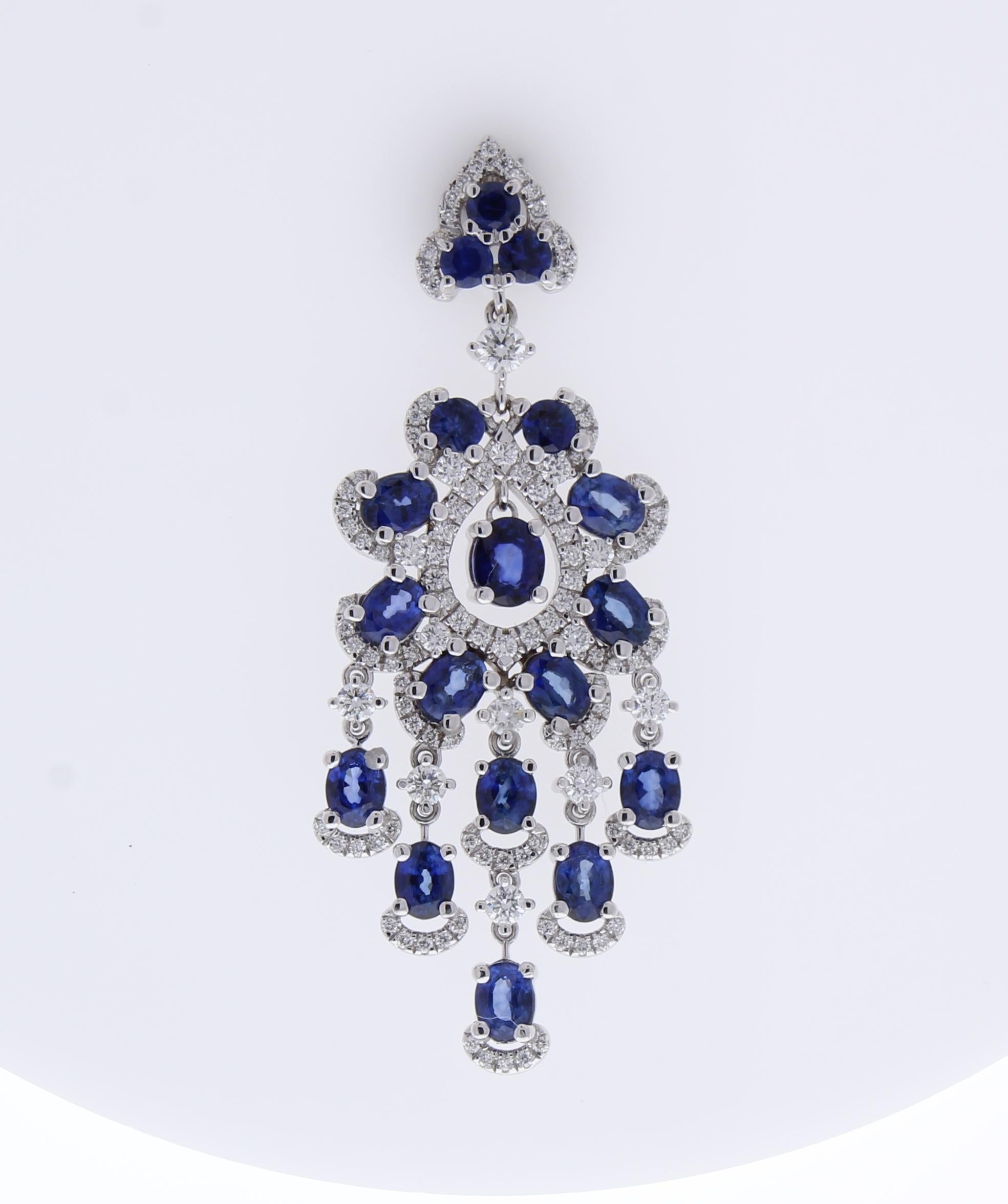 Oval Cut 6.71 Carat Oval Blue Sapphire and Diamond Earrings in 18 Karat White Gold