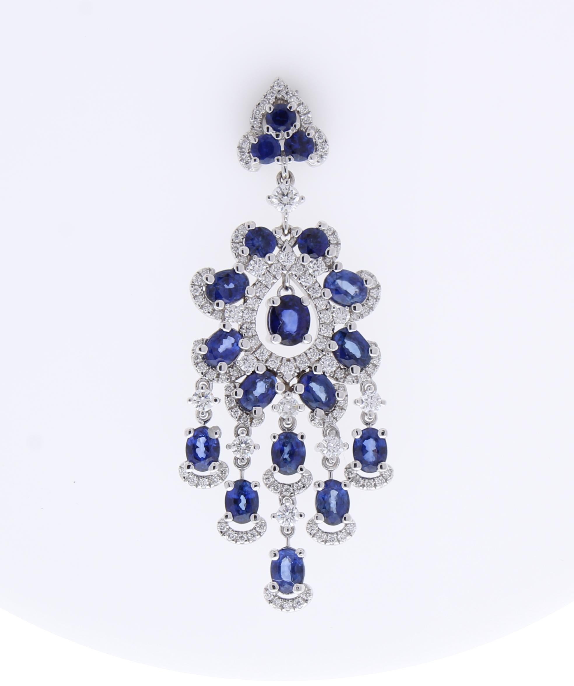 Contemporary 6.71 Carat Oval Blue Sapphire and Diamond Earrings in 18 Karat White Gold