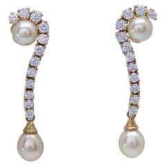 6.71 Ct. Certified Natural Bahraini Pearls and Diamonds 18k Yellow Gold Earrings
