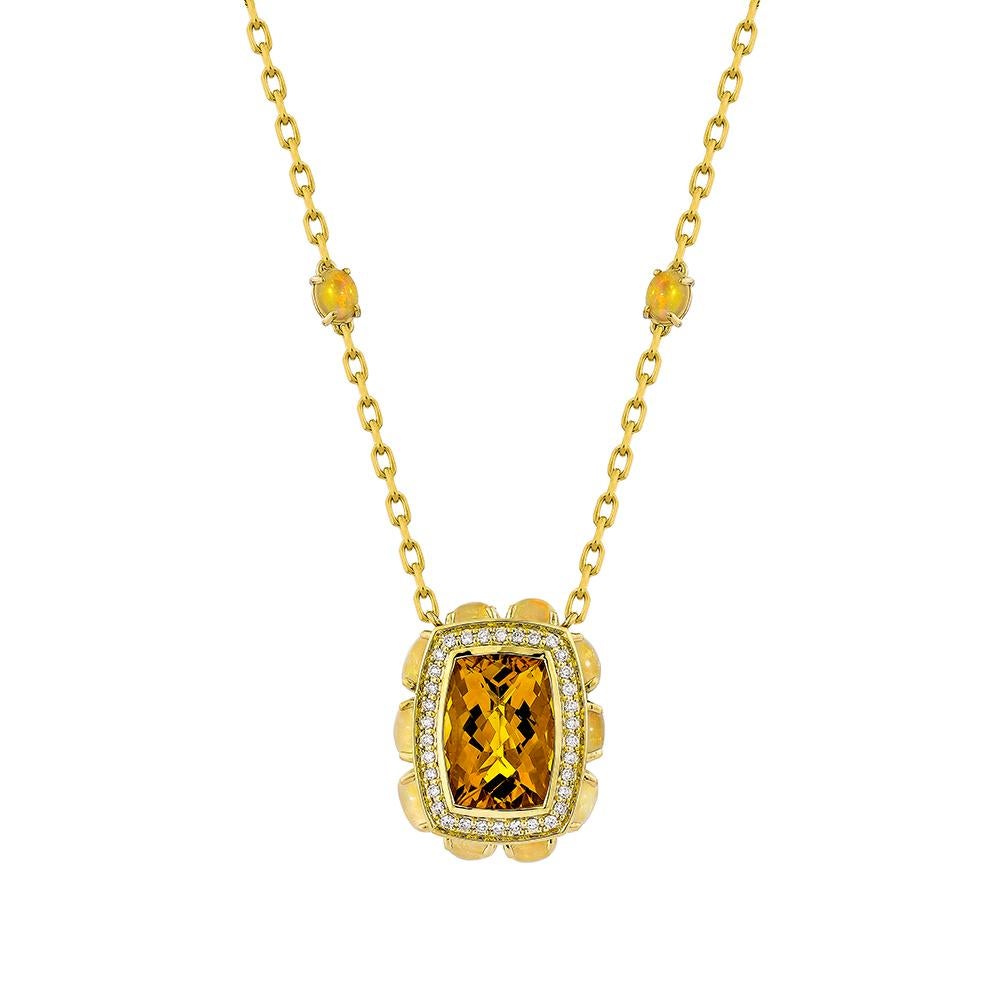 Cushion Cut 6.72 Carat Citrine Necklace in 18Karat Yellow Gold with Opal and White Diamond. For Sale