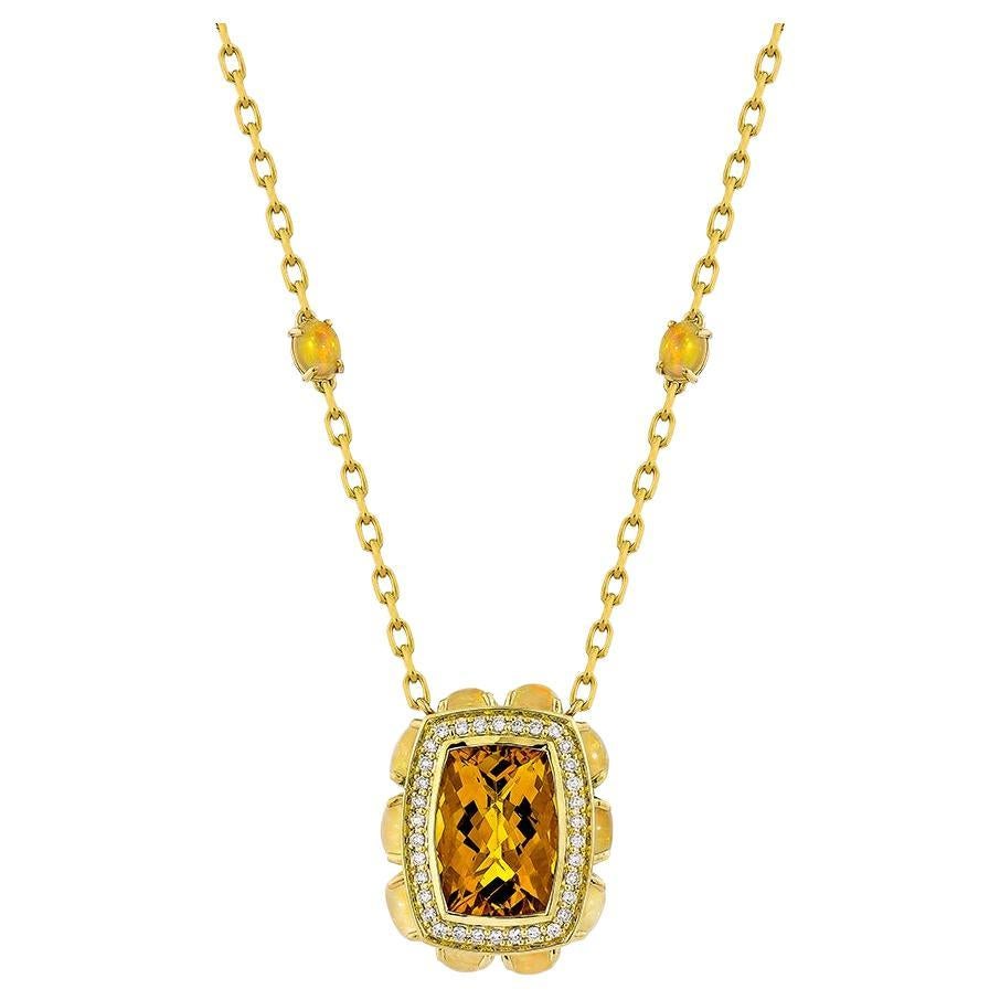 Halskette mit 6,72 Karat Citrin aus 18 Karat Gelbgold mit Opal und weißem Diamant.