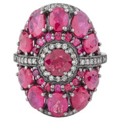 6.72ct Diamond and Ruby Cluster Ring in Silver, Contemporary Design