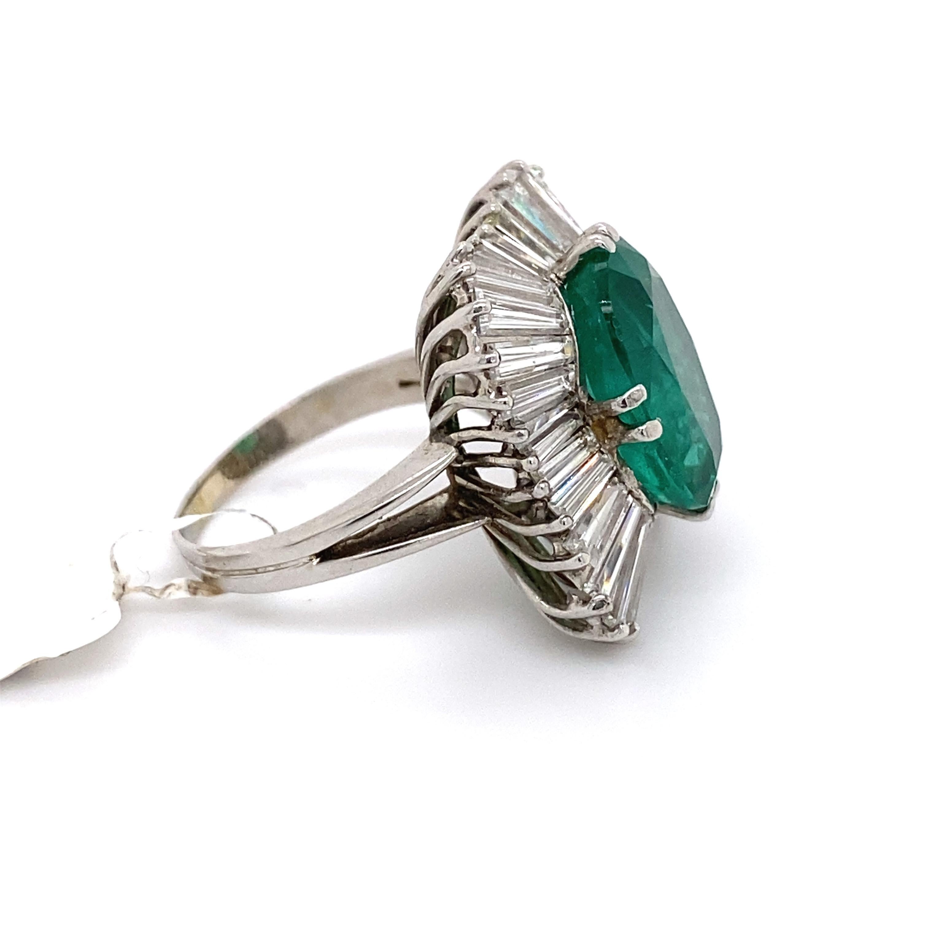 6.72 Carat Emerald with Ballerina Baguette Diamond Halo Ring 18 Karat White Gold In New Condition For Sale In BEVERLY HILLS, CA