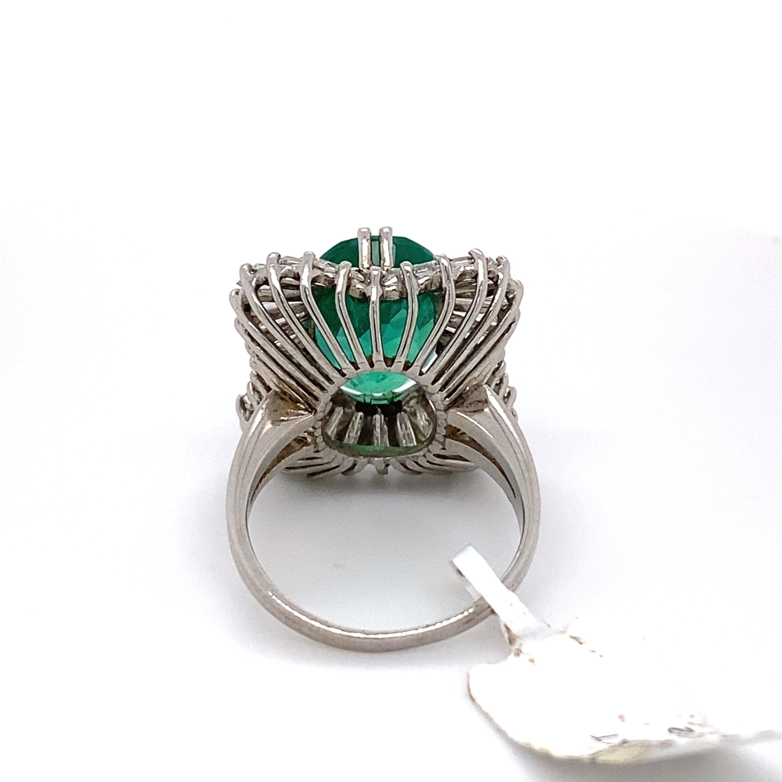 Women's 6.72 Carat Emerald with Ballerina Baguette Diamond Halo Ring 18 Karat White Gold For Sale