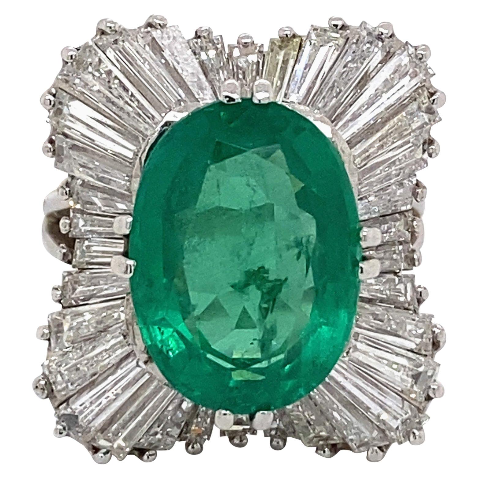 6.72 Carat Emerald with Ballerina Baguette Diamond Halo Ring 18 Karat White Gold For Sale