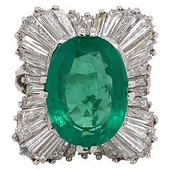 6.72 Carat Emerald with Ballerina Baguette Diamond Halo Ring 18 Karat White Gold