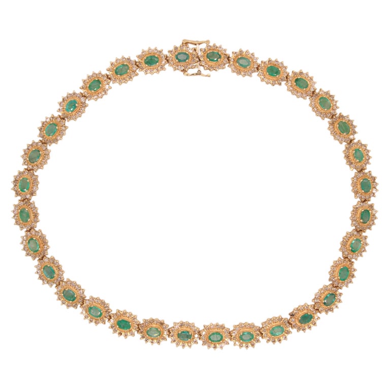 Oval Cut 6.72 Carat Natural Emerald & 16.32ct Sl1 Diamond 14K Gold Platinum & SS Necklace For Sale