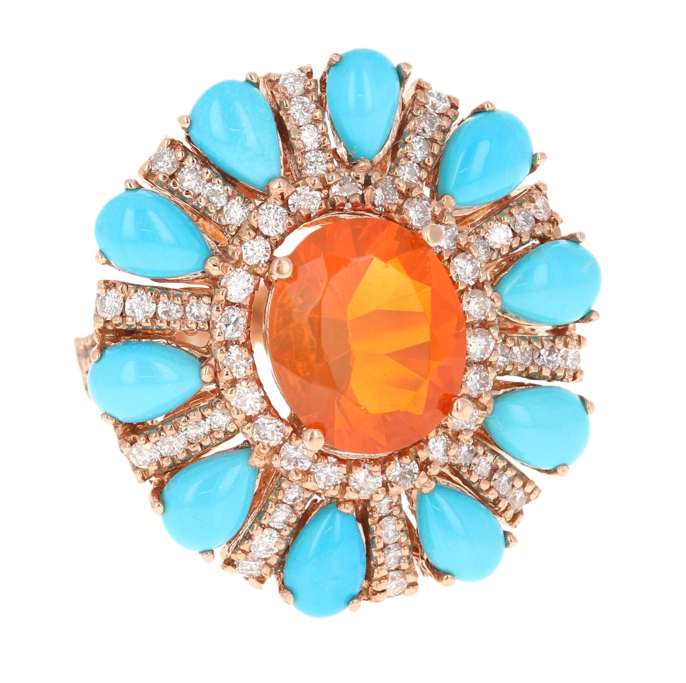 6,72 Karat Natürlicher Feueropal Türkis und Diamant Rose Gold Cocktail Ring

Dieser Ring hat eine natürliche Oval Cut Mexican Fire Opal, dass 2,35 Karat wiegt, natürliche Pear Cut Türkis, dass 3,28 Karat wiegen, (Die Türkise sind natürlich und