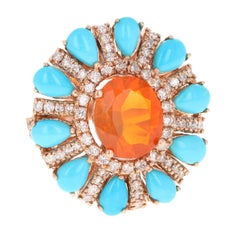 6.72 Carat Natural Fire Opal Turquoise and Diamond Rose Gold Cocktail Ring