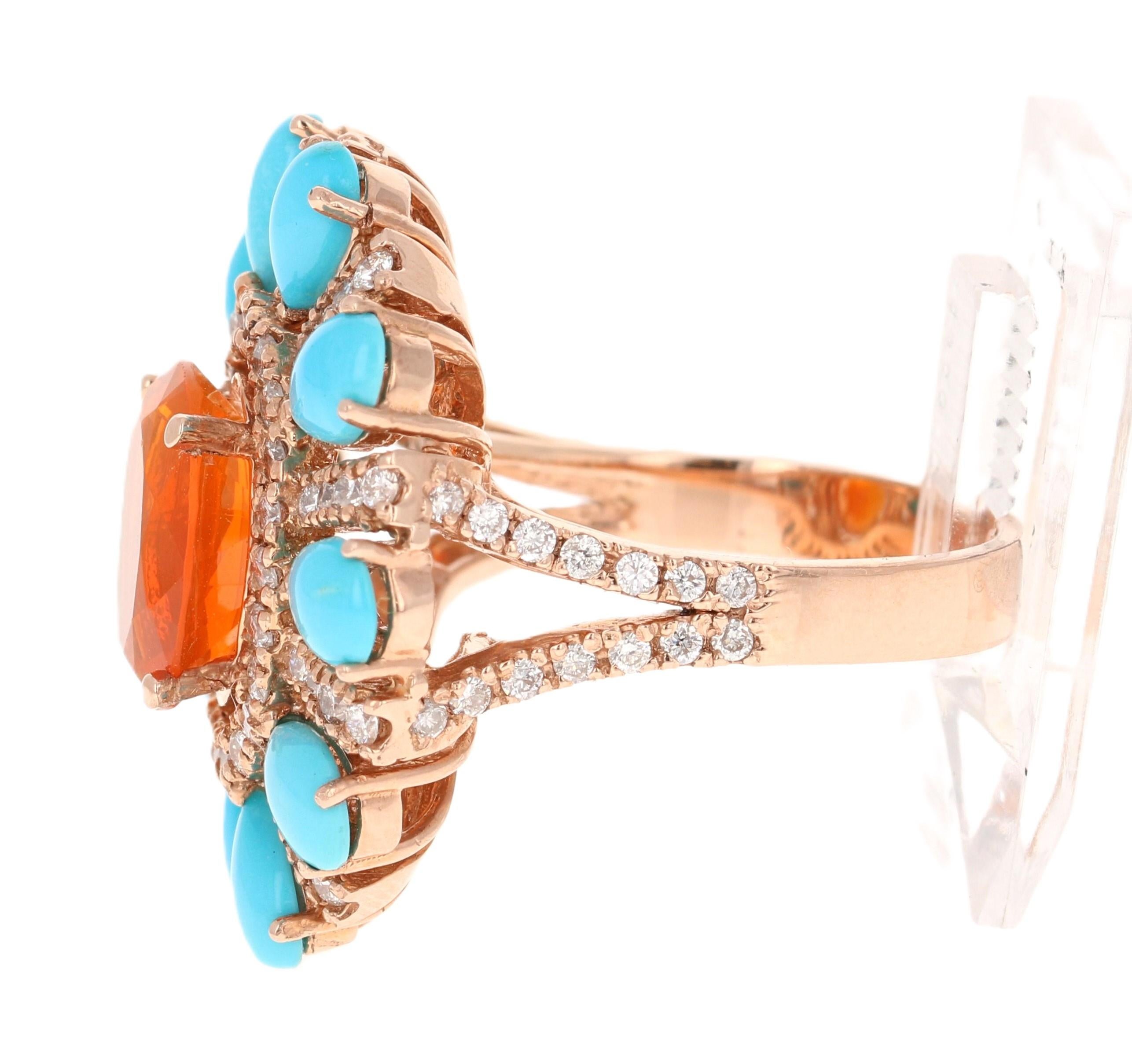 6,72 Karat Natürlicher Feueropal Türkis und Diamant Rose Gold Cocktail Ring (Zeitgenössisch)