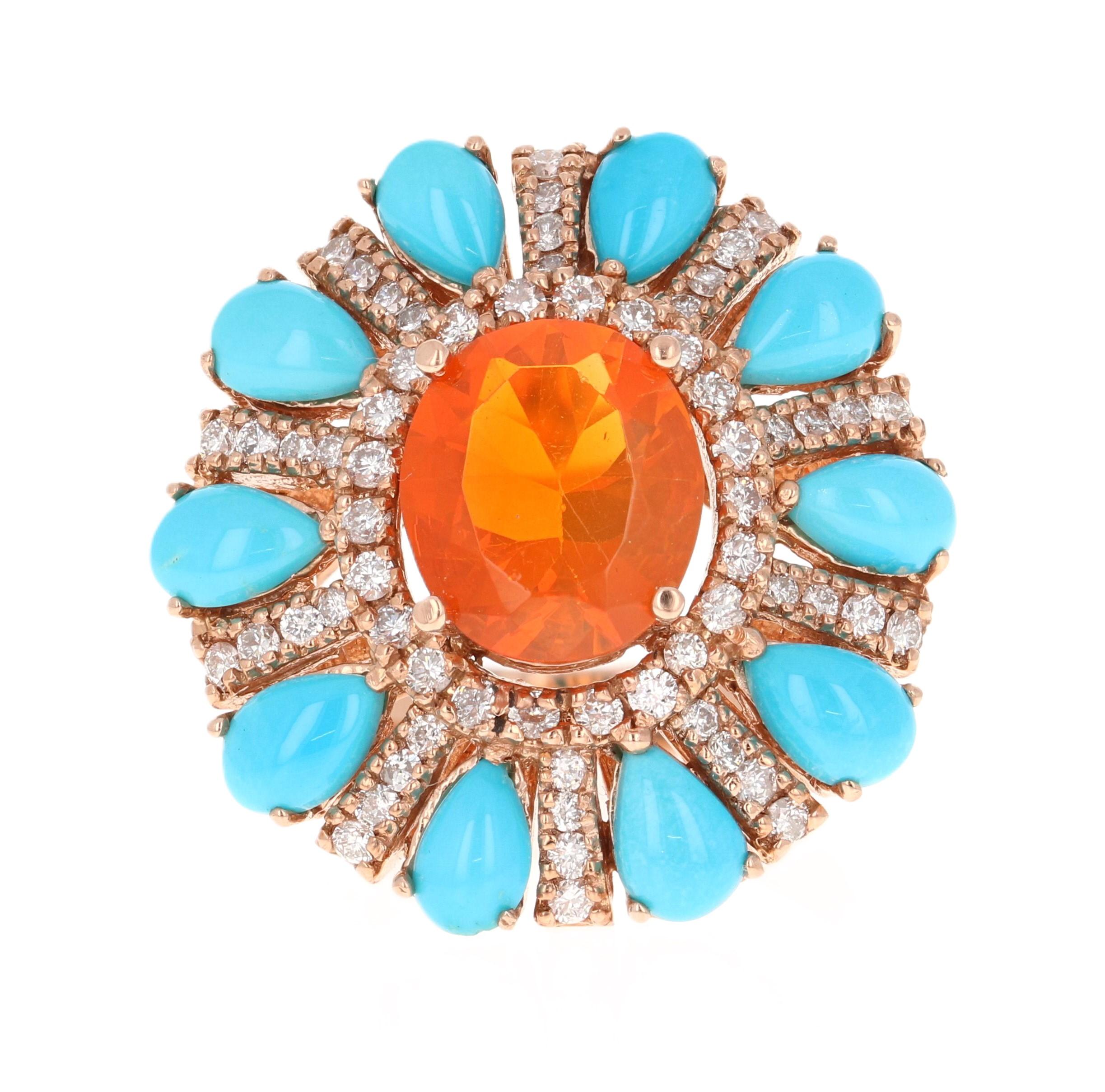 6,72 Karat Natürlicher Feueropal Türkis und Diamant Rose Gold Cocktail Ring im Zustand „Neu“ in Los Angeles, CA
