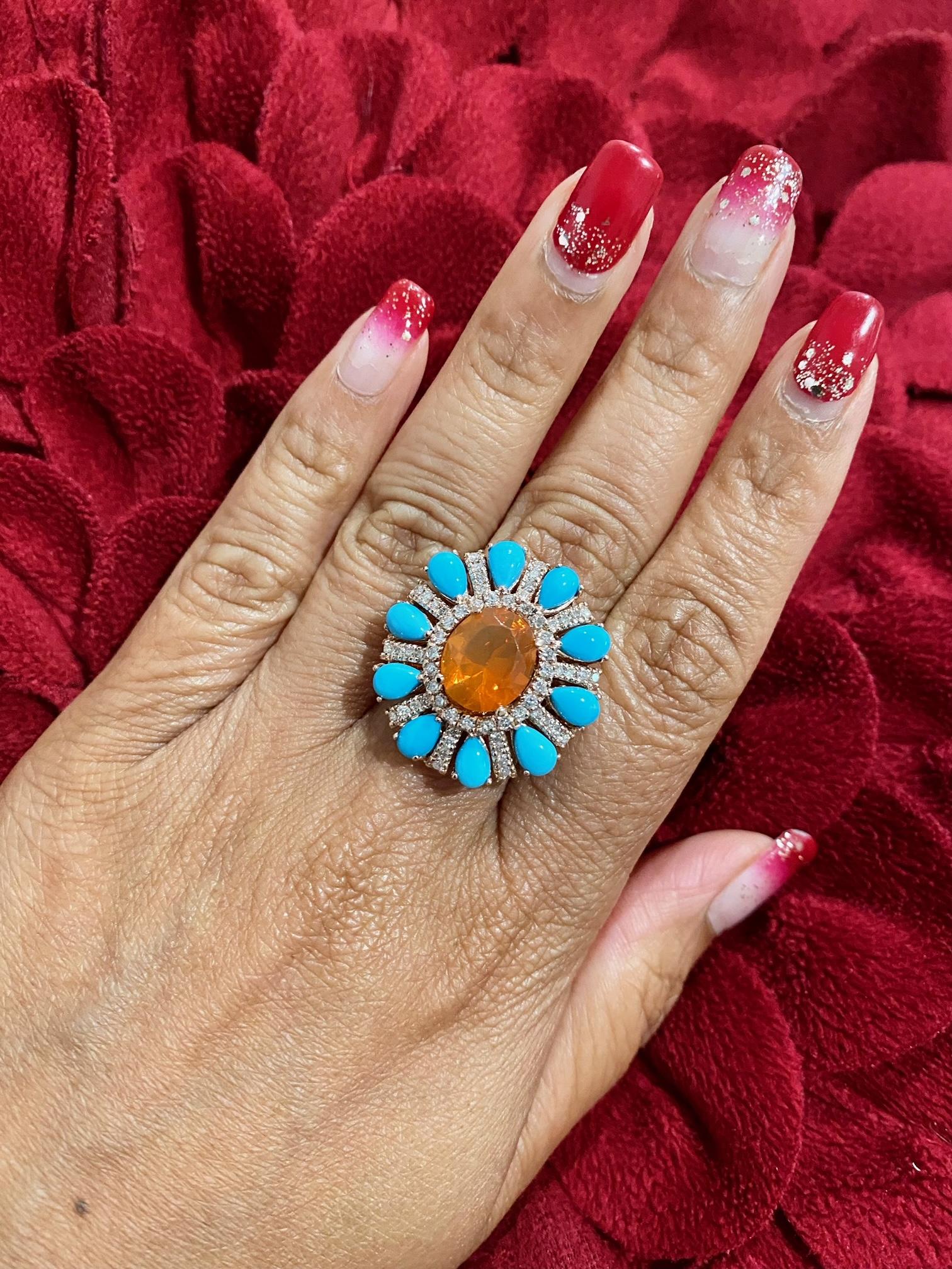 6.72 Carat Natural Fire Opal Turquoise and Diamond Rose Gold Cocktail Ring For Sale 3