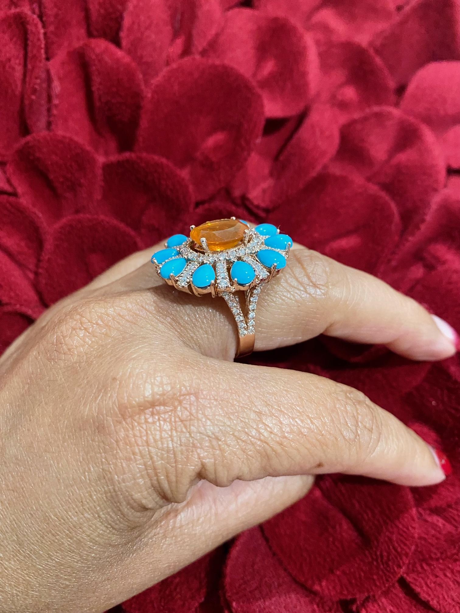 6.72 Carat Natural Fire Opal Turquoise and Diamond Rose Gold Cocktail Ring For Sale 4