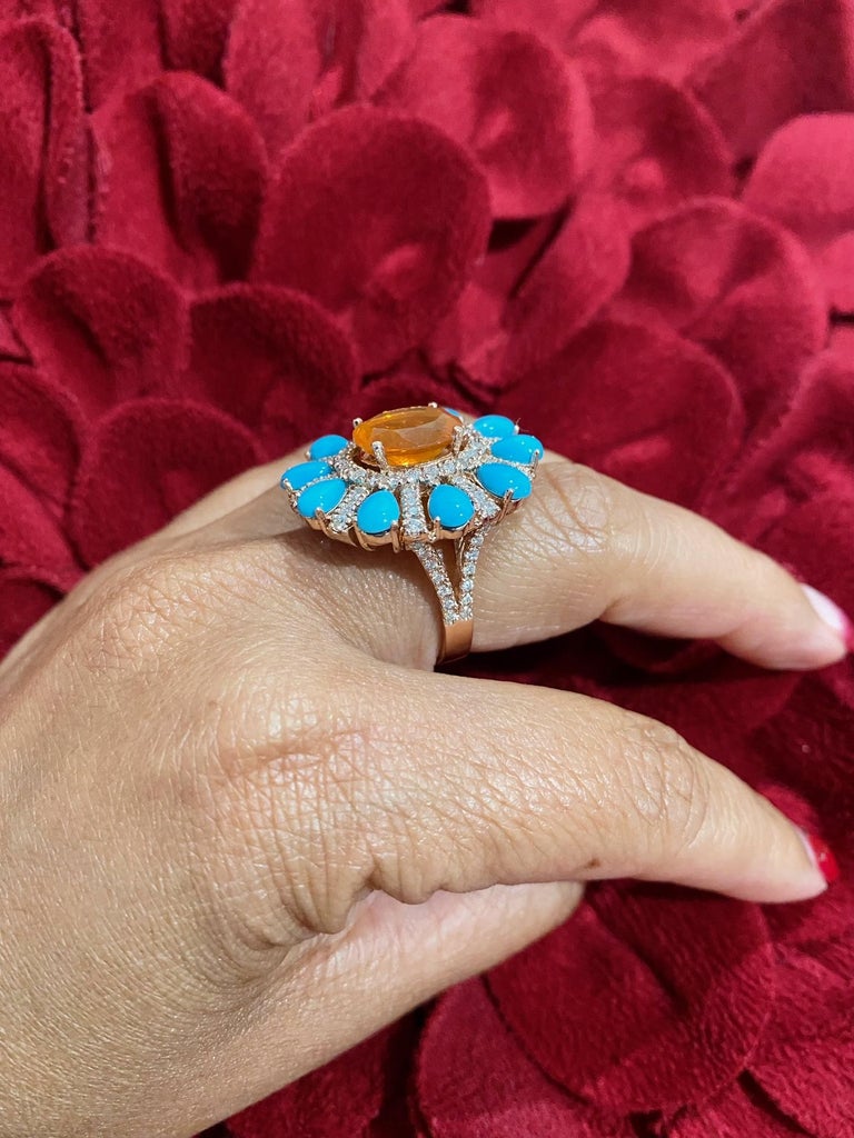 6.72 Carat Natural Fire Opal Turquoise Diamond Rose Gold Cocktail Ring For Sale 5
