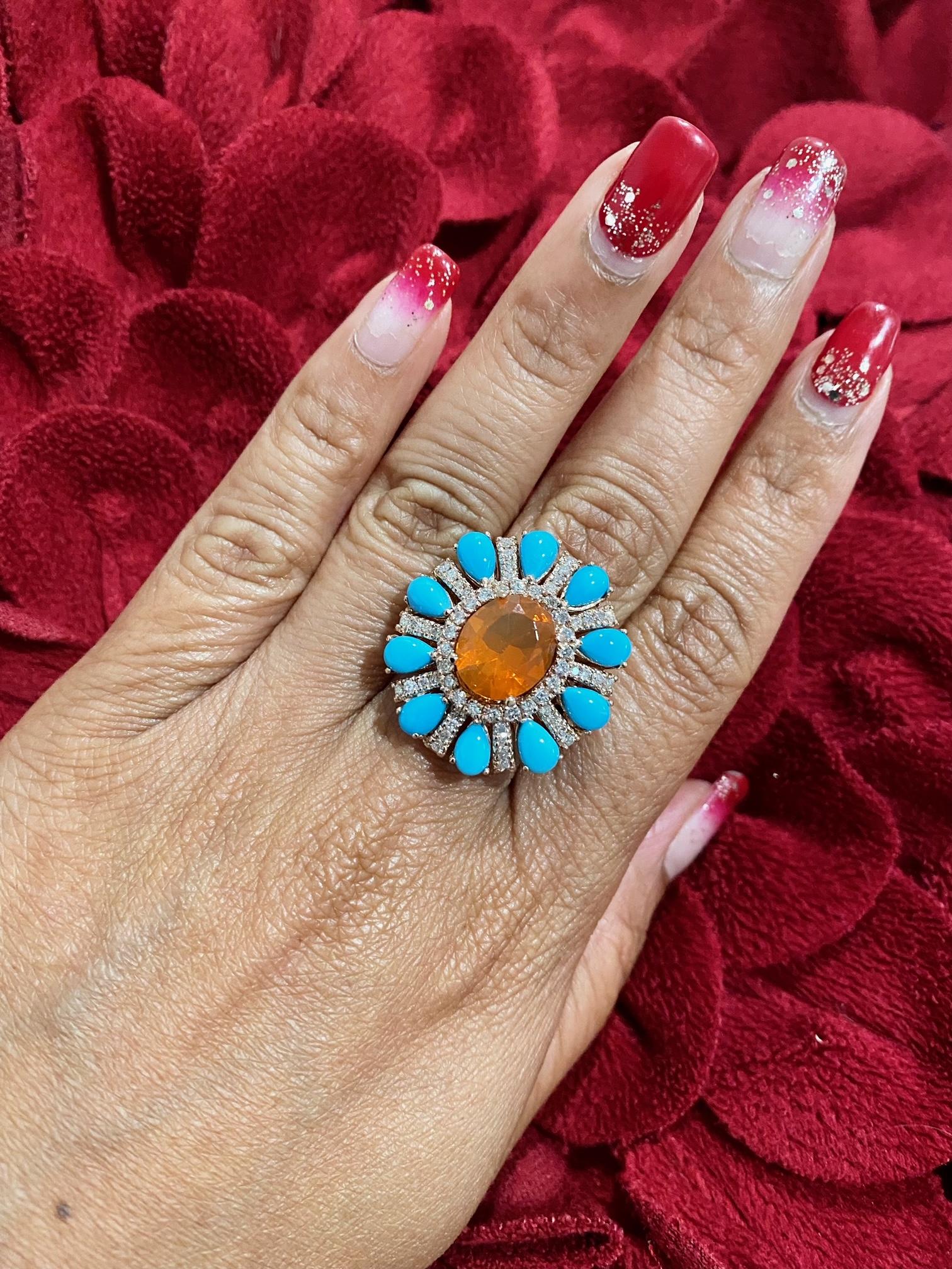 6.72 Carat Natural Fire Opal Turquoise and Diamond Rose Gold Cocktail Ring For Sale 5