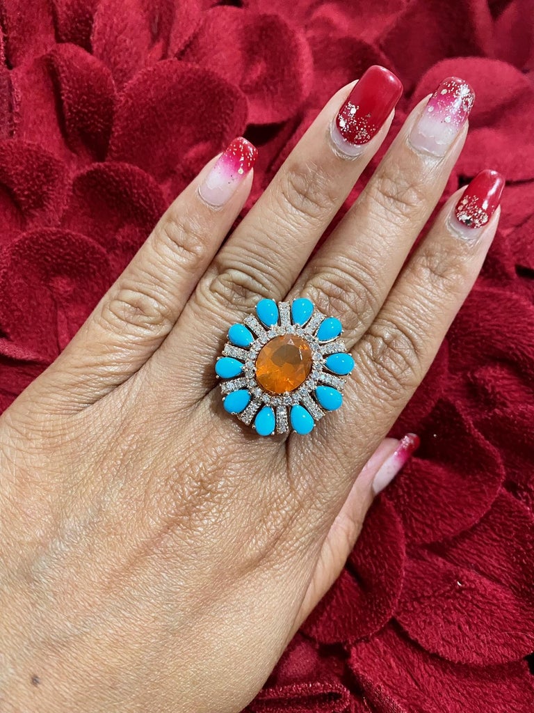 6.72 Carat Natural Fire Opal Turquoise Diamond Rose Gold Cocktail Ring For Sale 6