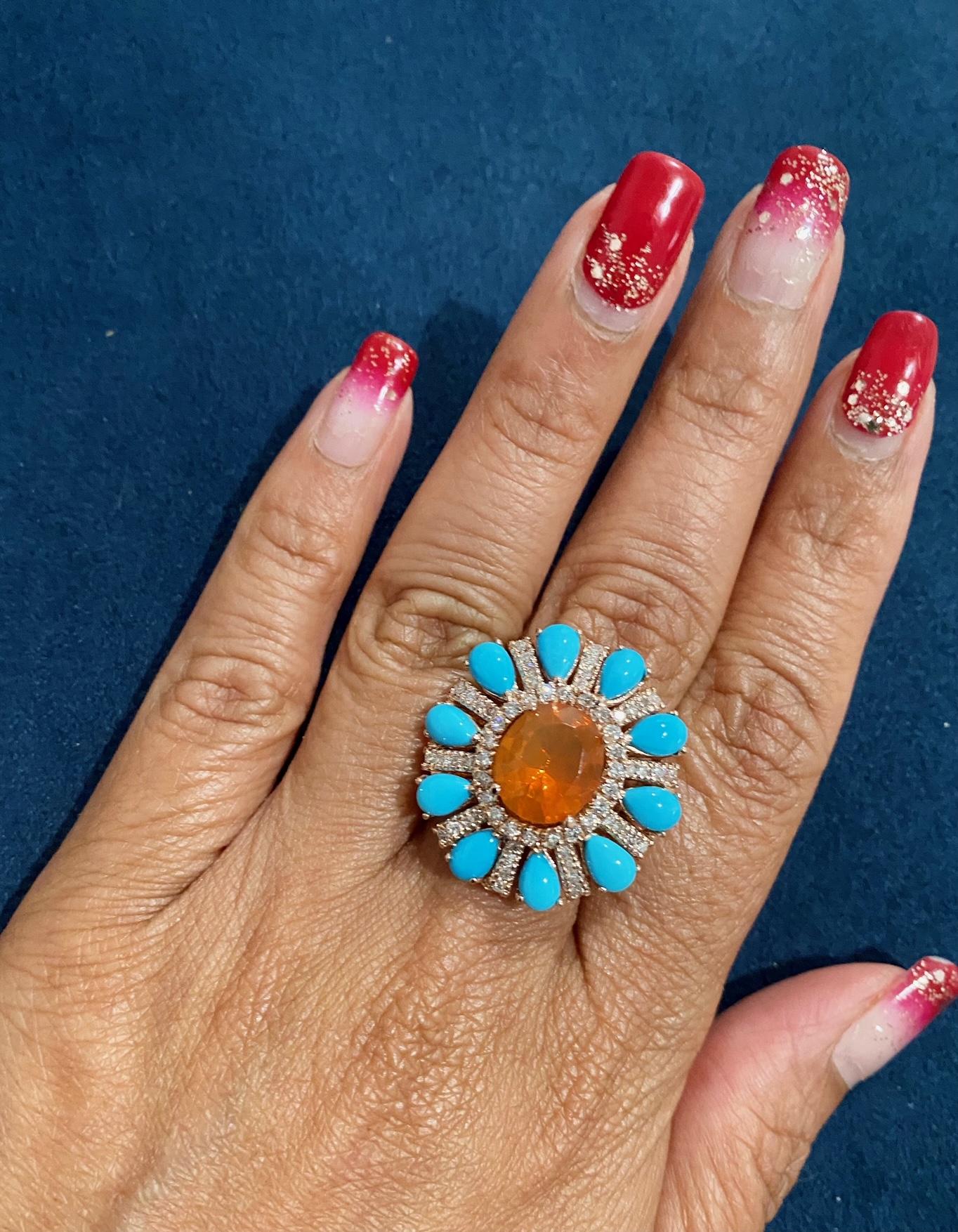 6.72 Carat Natural Fire Opal Turquoise and Diamond Rose Gold Cocktail Ring For Sale 6
