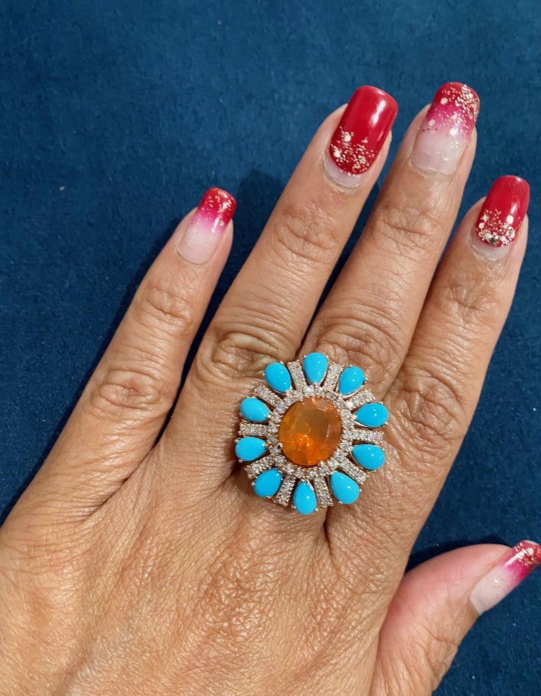 6.72 Carat Natural Fire Opal Turquoise Diamond Rose Gold Cocktail Ring For Sale 7